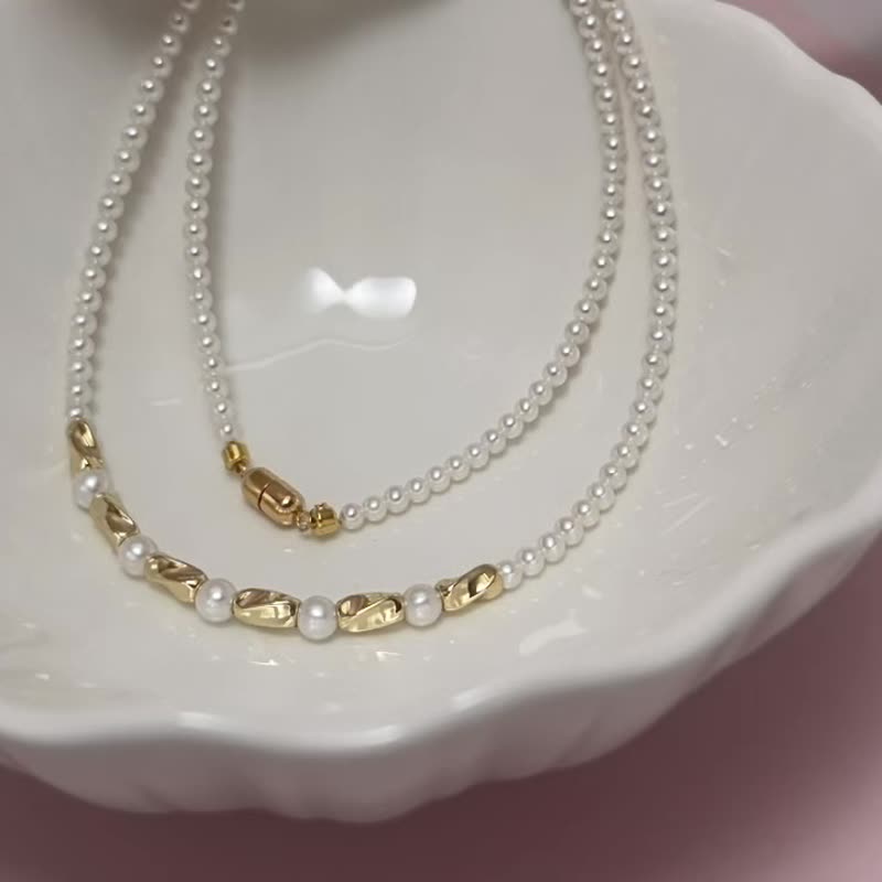 莫比烏斯 天然海水珍珠 akoya 櫻花粉 炫彩 項鏈 - 項鍊 - 珍珠 白色