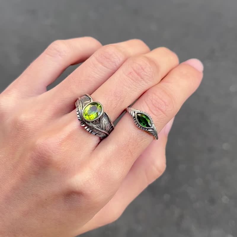 Xiyingyao 925 Silver green translucent Stone diamond cut feather ring live ring ethnic style - General Rings - Crystal Silver