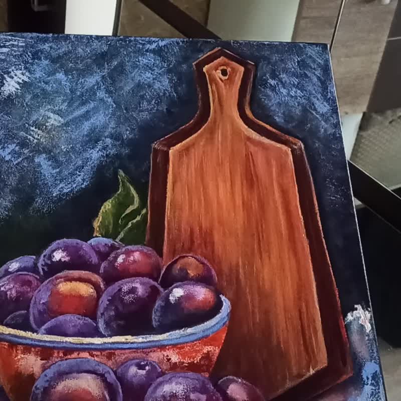 Original Oil painting Plums Still life on Canvas 40x30cm Impressionism Artwork - 海報/掛畫/掛布 - 其他材質 