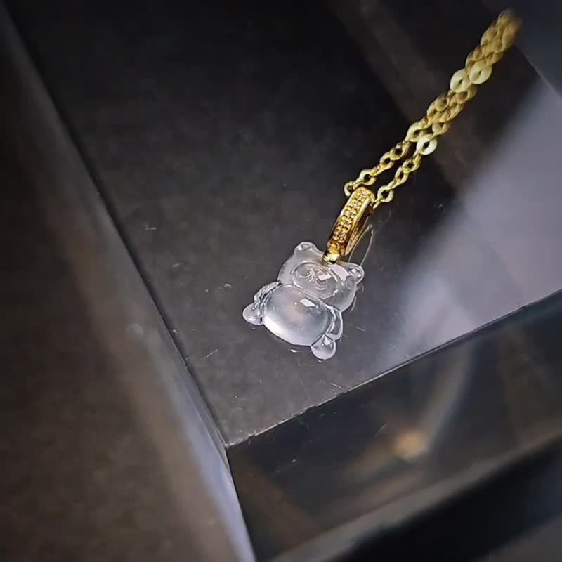 18k真金真鑽莫西沙高冰玻白剛小熊吊墜|緬甸A貨翡翠 - 項鍊 - 玉石 