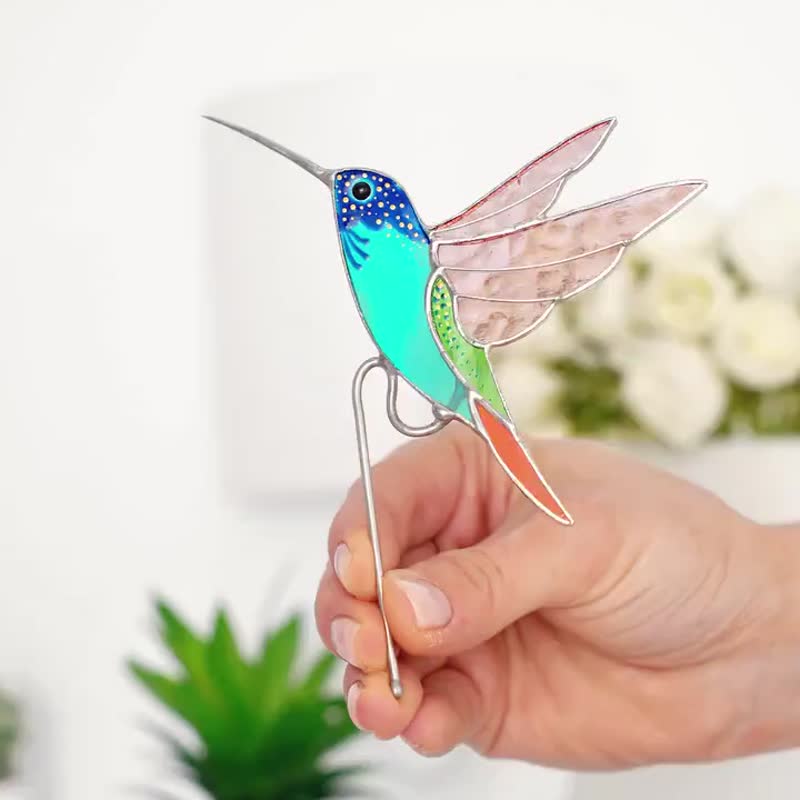 Stained Glass Hummingbird Suncatcher Pot Decor Bird loving Gift Garden - ตกแต่งต้นไม้ - แก้ว สีน้ำเงิน