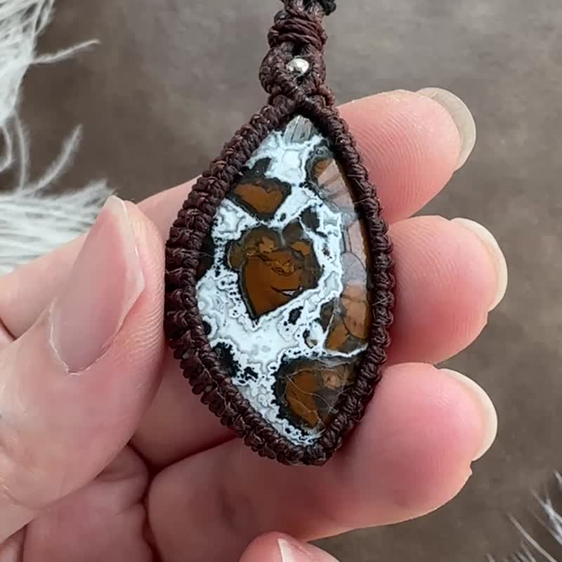 CSP67 民族風 蠟線編織 璧玉 (Brecciated Jasper) 吊咀頸鏈 - 項鍊 - 寶石 咖啡色