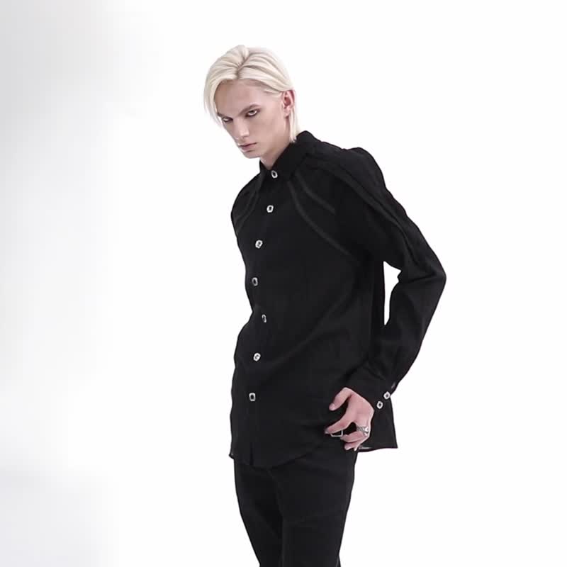 Gothic Warrior Shoulder Pads Web Pleated Shirt - Men's Shirts - Other Materials Black