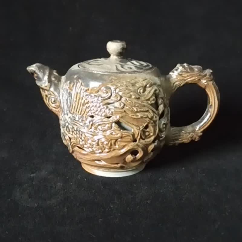 Wood fired teapot double layer hollow carved phoenix auspicious clouds Chen Xuanheng carved pottery - ถ้วย - ดินเผา หลากหลายสี