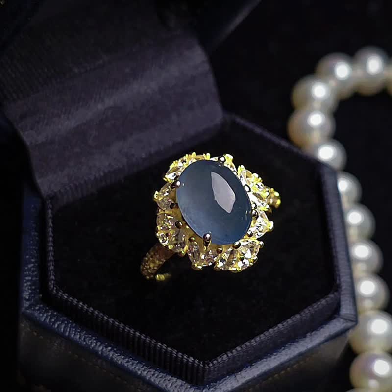 稀有•高貴•財水|冰玻星空藍|A貨翡翠純銀豪鑲款戒指 - 戒指 - 玉石 