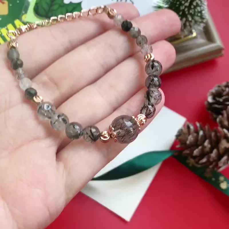 金運之神 辟邪 黑髪晶 手鏈 天然石  財運 黑髮晶 水晶 - 手鍊/手環 - 水晶 黑色