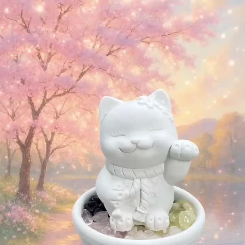 花耳招財貓 五行水晶擴香小盤套組  禪風療癒設計 贈5ML精油香氛 - 香氛/精油/擴香 - 水泥 白色