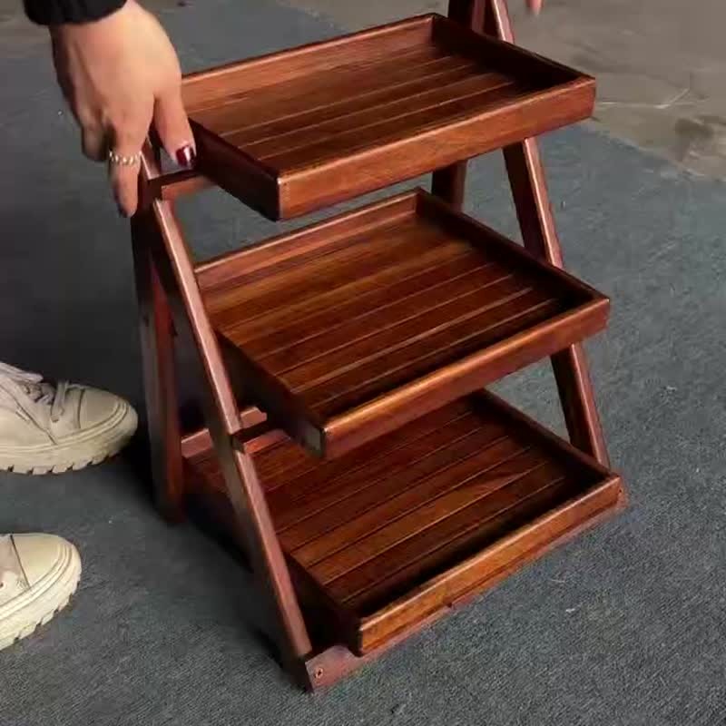 【折疊式階梯架】- 手作質感 / 柚木色三層收納展示架 - 置物架/籃子 - 木頭 