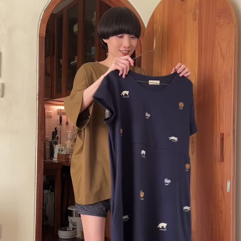cat bread dress : navy - 洋裝/連身裙 - 棉．麻 藍色