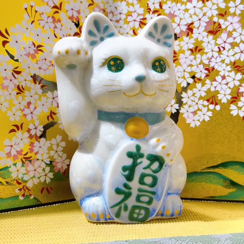 【青白聚福】日本清水燒招財貓 | 花結晶 青白 - 招福 右 - 擺飾/家飾品 - 瓷 白色