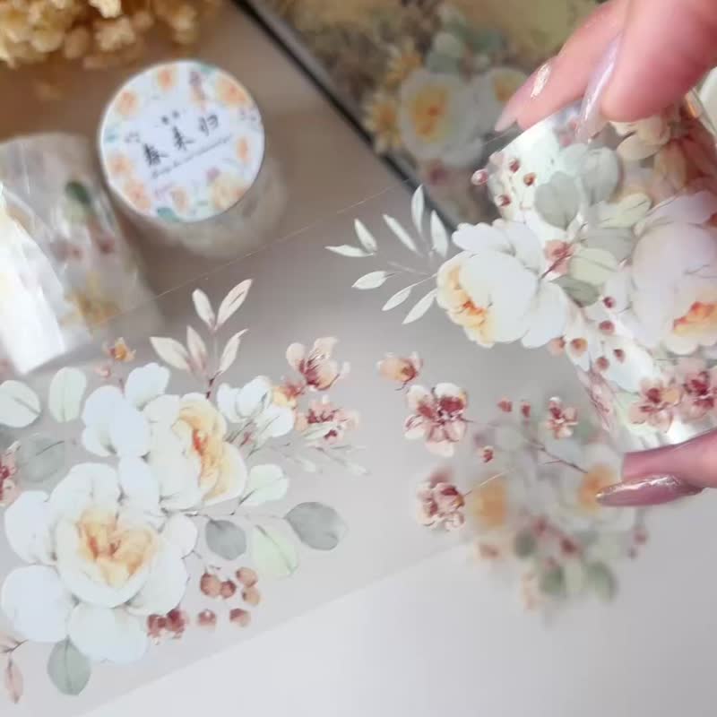 Spring Has Not Come Back Gentle Retro Light White Large Flower PET Washi Tape - มาสกิ้งเทป - วัสดุอื่นๆ ขาว