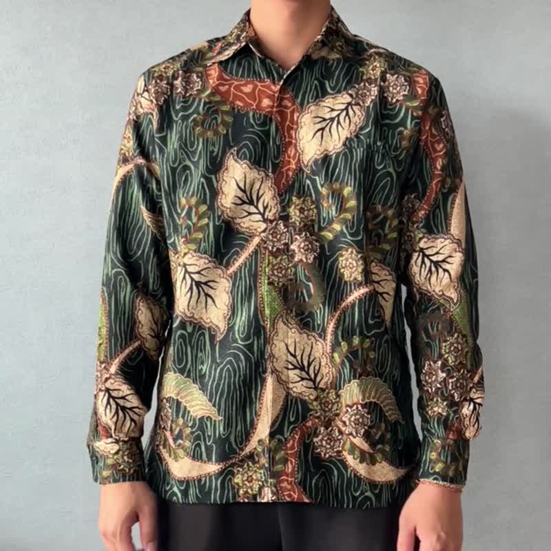 印尼蠟染幾何織紋長袖襯衫 SATRIA - 綠紋黃葉 - SAT003 - 男襯衫/休閒襯衫 - 其他材質 綠色