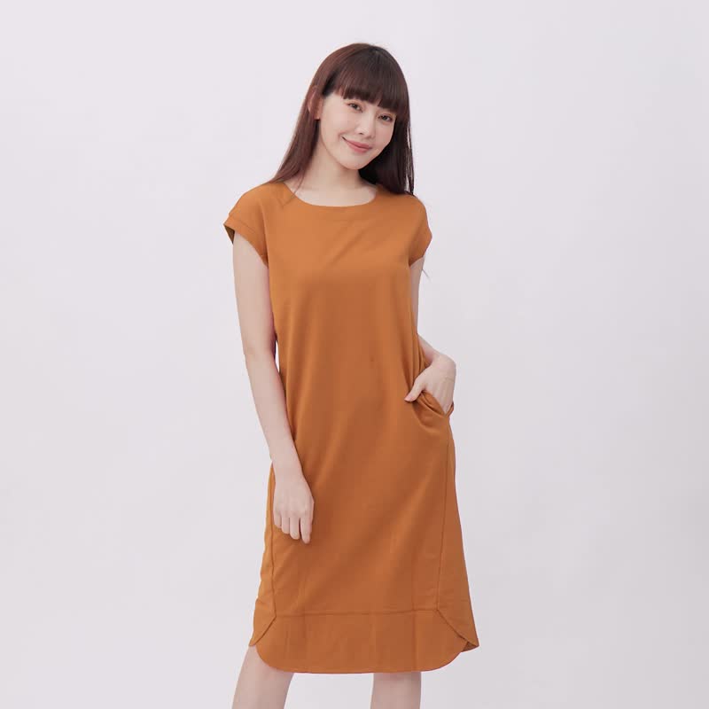 French terry Sleeveless Midi Length Plain Dress - ชุดเดรส - ผ้าฝ้าย/ผ้าลินิน สีส้ม