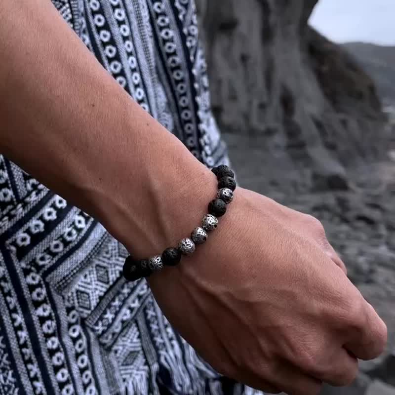 Suisheng suei black volcanic rock solid Stone casting 925 Silver natural stone sterling silver hand bead bracelet - Bracelets - Gemstone Black