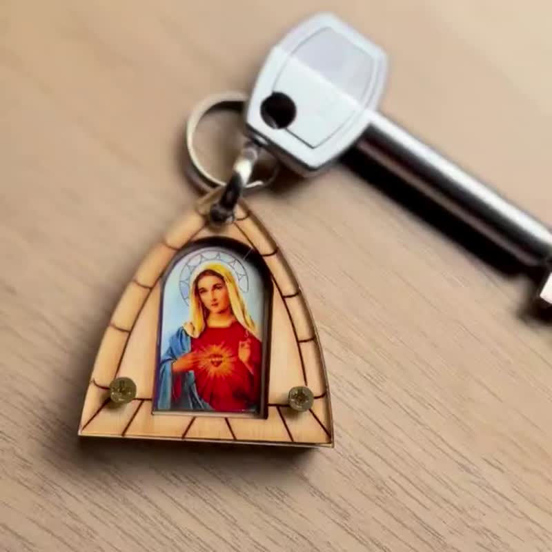 Catholic Wooden keychain Secret Heart Of Mary - Keychains - Other Materials 