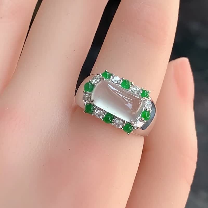 Luminous steel * glass type dull white jade / 18K / real diamond | natural grade A jadeite ring - แหวนทั่วไป - หยก ขาว