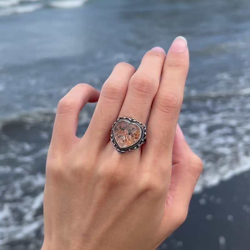 Xi Ying Yao 925 Sterling Silver Phantom Quartz Heart Ring | Natural Stone Ring | Vision Crystal | Vintage Style - แหวนทั่วไป - คริสตัล สีเงิน