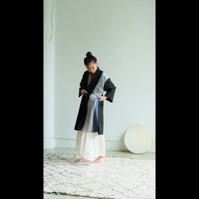 百褶拼接長罩衫 / 亞麻 米白 - 女大衣/外套 - 棉．麻 白色