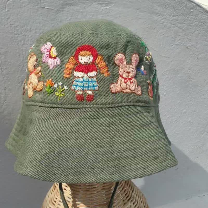 手工刺繡漁夫帽, 遮陽帽, 海邊帽, 防曬帽, 兒童帽 - 帽子 - 棉．麻 綠色