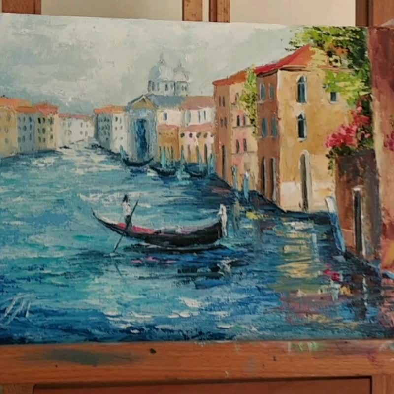 Venice painting Original art Cityscape Venice artwork Oil on canvas - 海報/掛畫/掛布 - 其他材質 藍色