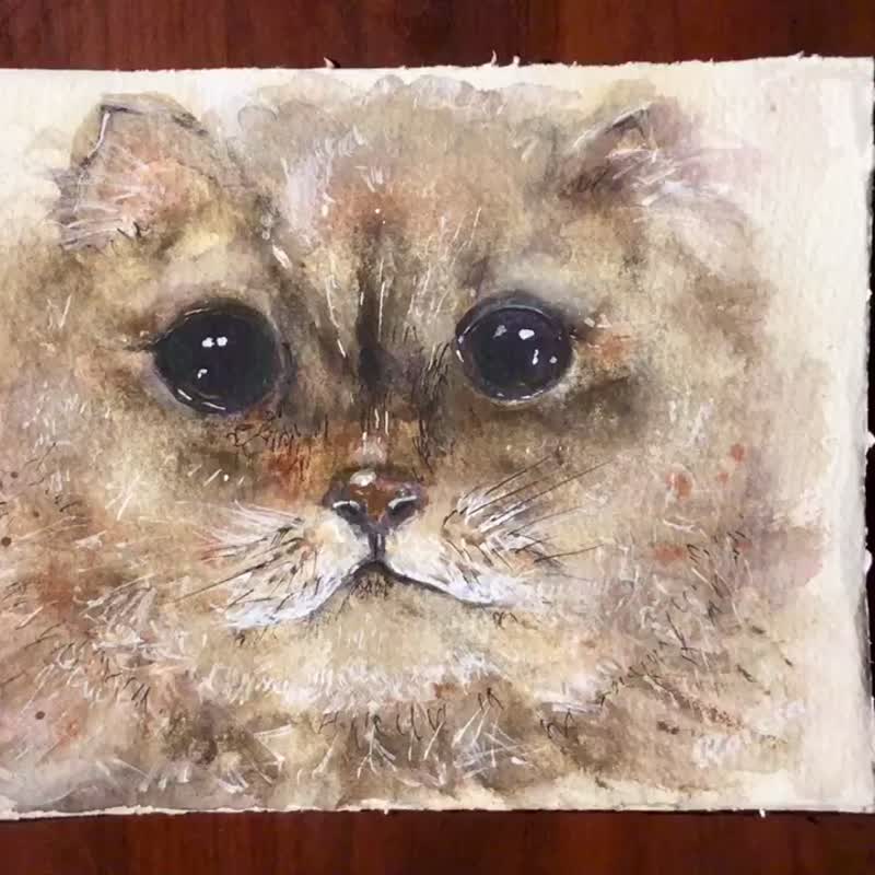 Fluffy cat original watercolour painting - 壁貼/牆壁裝飾 - 紙 咖啡色