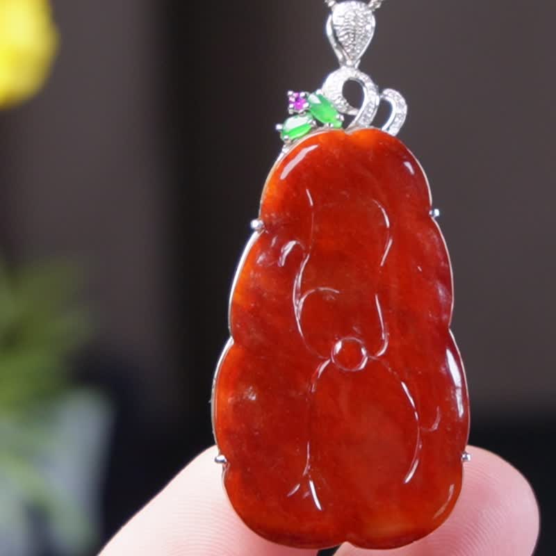 冰種紅翡翡翠荷葉項鍊 18K金鑽石 | 天然緬甸玉翡翠A貨 | 送禮 - 項鍊 - 玉石 紅色