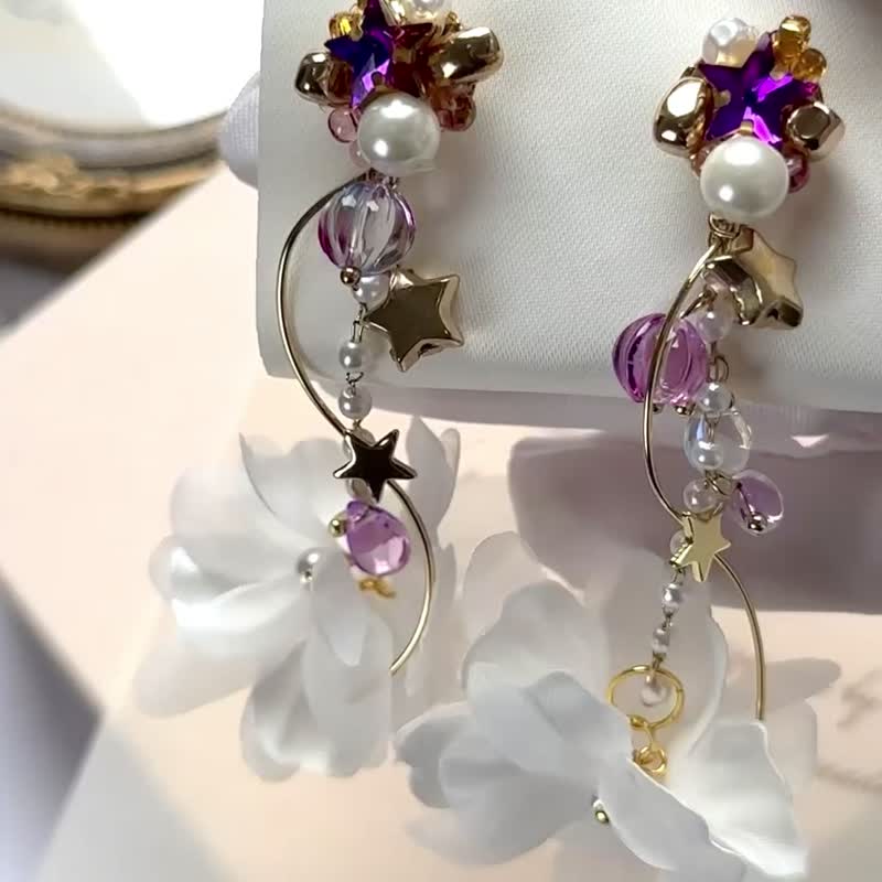 Wedding Jewelry/Pearl Earrings/Wedding Earrings/Dangling Veil 14K Gold-plated - Earrings & Clip-ons - Crystal Purple
