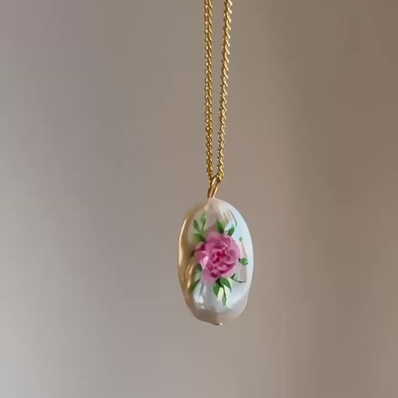 [Hand-painted] French vintage rose pattern baroque pearl necklace - Necklaces - Pearl 