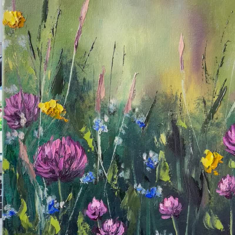 Meadow painting Original Art Square Painting Flowers Painting - Wall Décor - Other Materials Green