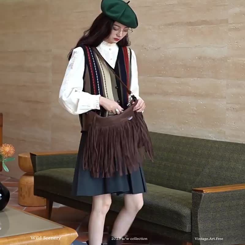 紅咖色 巴黎晚霞 藝術復古多色條紋針織馬甲 V領疊搭背心馬夾 - 女毛衣/針織衫 - 羊毛 咖啡色