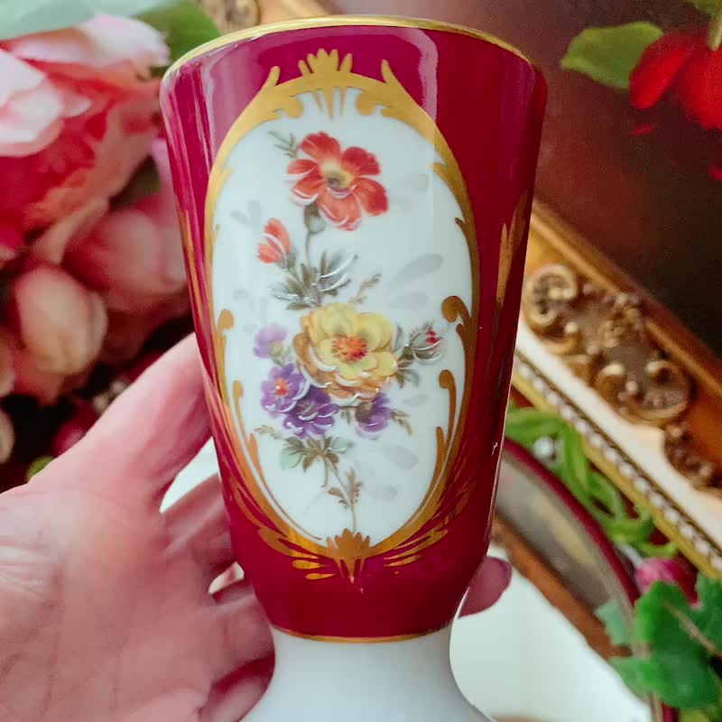 1940年代法國製 Limoges 手繪花卉高腳古董杯 花瓶 庫存品完整 - 其他杯子 - 瓷 紅色