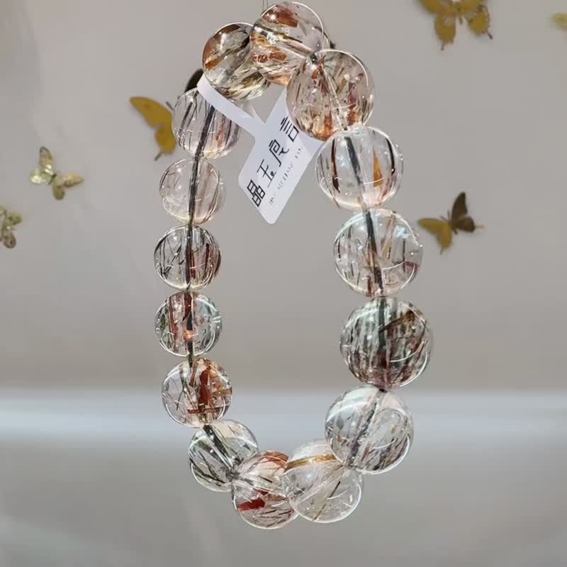 Translucent Black Tourmaline in Quartz crystal, 15mm, large mineral formations, boosts direct income, attracts windfall, enhances benefactor luck, and brings good fortune. - สร้อยข้อมือ - คริสตัล สีทอง