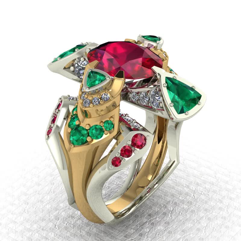 3D-model jewelry ring for a 2.5ct gemstone, trillion-cut gems and 56 diamonds - งานดีไซน์ดิจิทัลอื่นๆ - เครื่องประดับ 