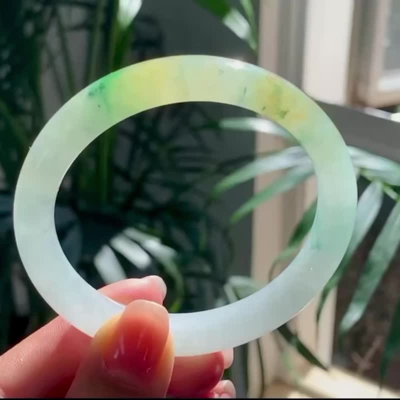 冰種 天然翡翠 緬甸 A玉 玉鐲 • 冰種青黃翡翠福鐲 - 手鍊/手環 - 玉石 黃色