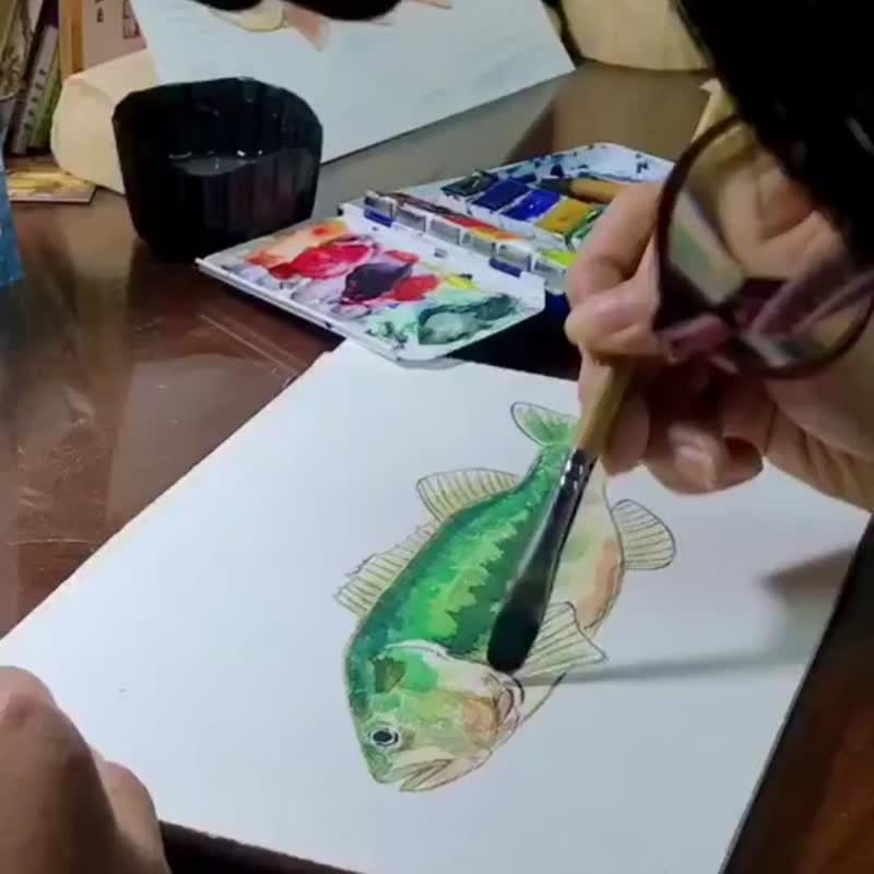 手繪 魚蝦 明信片 陳雯柔 Jindo Lure 聯名 捲仔 黑鱸 馬口 - 卡片/明信片 - 紙 藍色