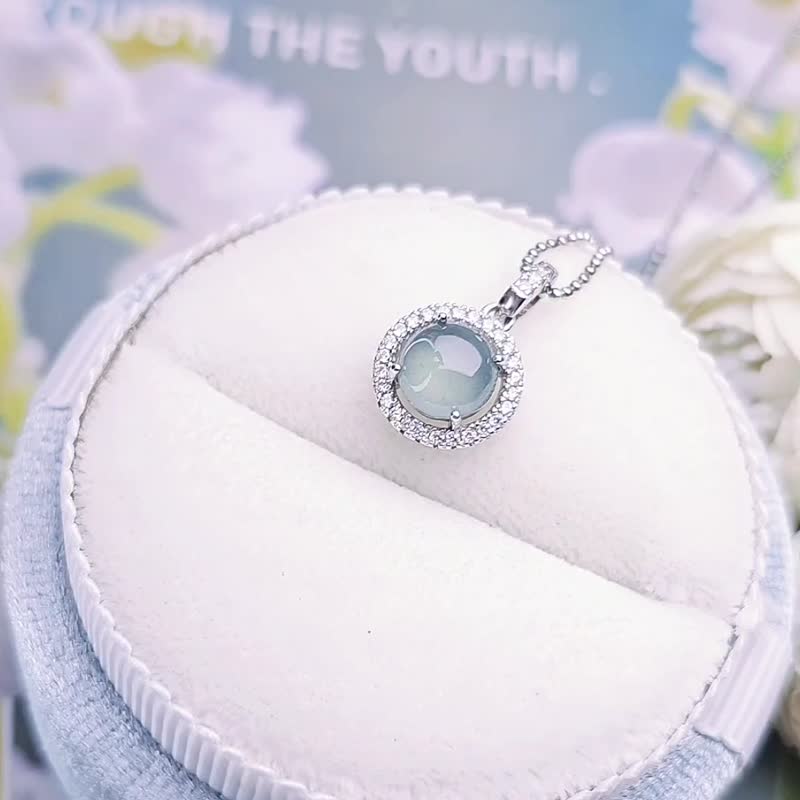 Cai Shui | Noble Goddess | A-grade jadeite high ice blue egg surface 7mm sterling silver plated 18k pendant - สร้อยคอ - หยก 