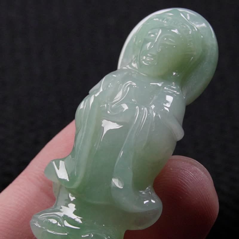 冰種飄綠翡翠觀音菩薩項鍊 | 天然緬甸玉翡翠A貨 | 送禮 - 項鍊 - 玉石 綠色