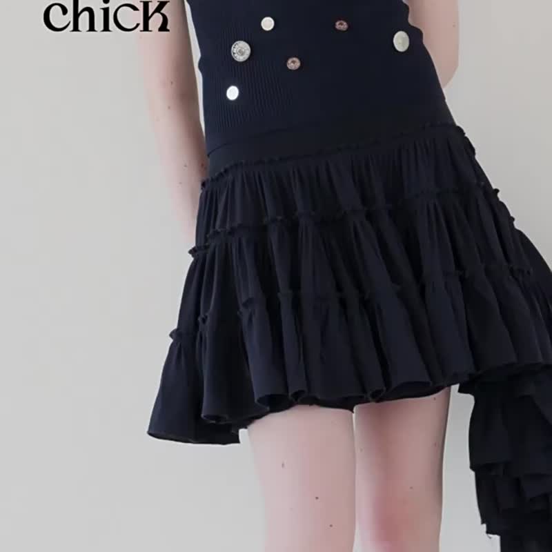 Navy blue wandering style multi-layered irregular short skirt with tail spliced half-length cake skirt - กระโปรง - ผ้าฝ้าย/ผ้าลินิน สีน้ำเงิน