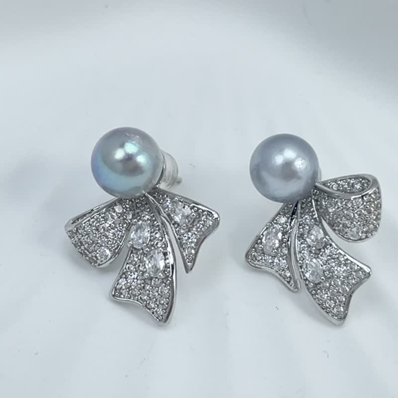 Half bow Linen natural seawater pearls inlaid Silver earrings - ต่างหู - ไข่มุก สีใส