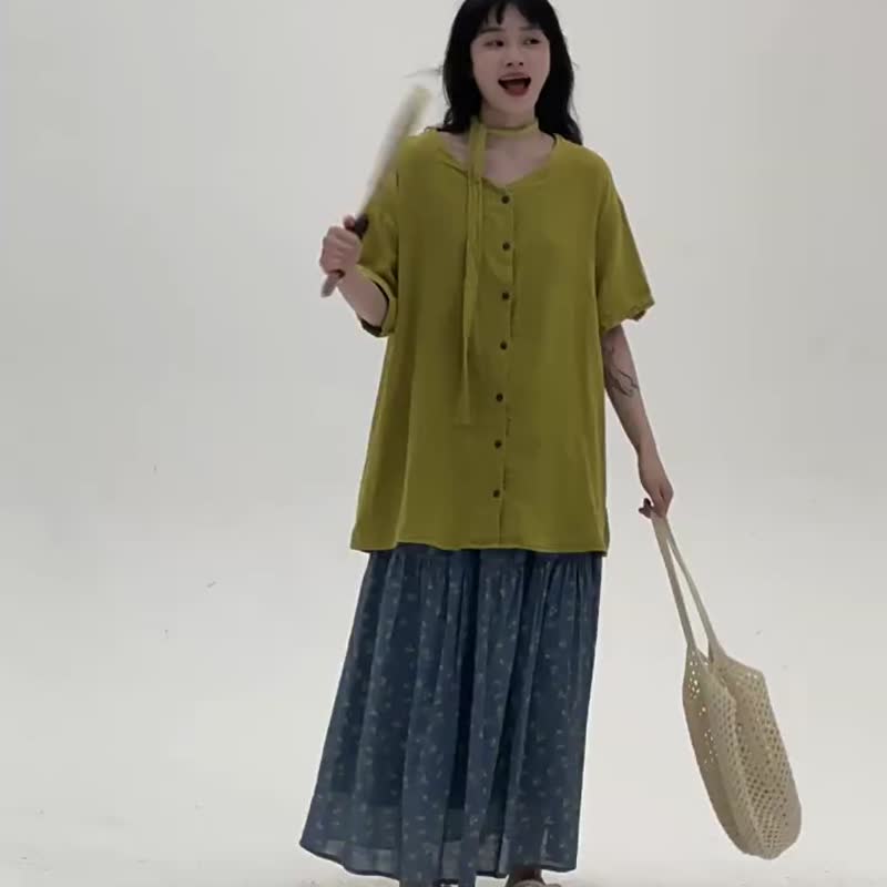 藍色 森林雨季碎花半身裙 韓系復古文藝休閒百搭中長款A字裙 - 裙子/長裙 - 棉．麻 藍色