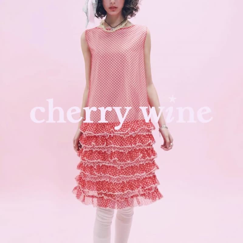 Cherrywine Red Waves Red Waves Vest Dress Red Plaid Mesh Medium Length Loose Women - ชุดเดรส - เส้นใยสังเคราะห์ สีแดง