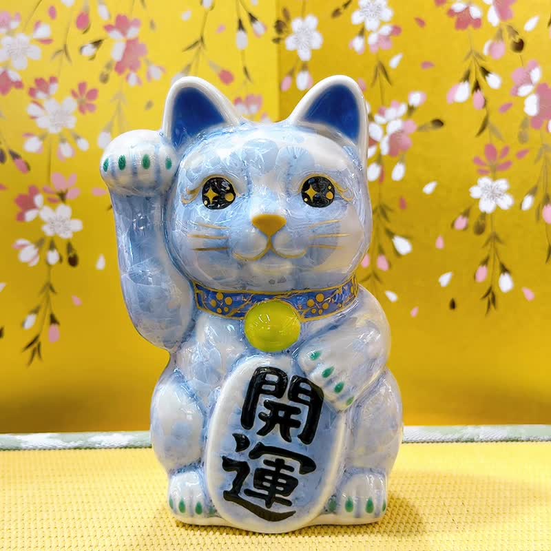 【晨藤聚運】日本清水燒招財貓 | 花結晶 - 開運 右 - 擺飾/家飾品 - 瓷 藍色
