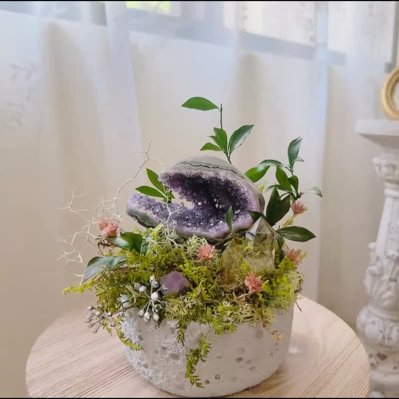 紫水晶洞蚌殼_招財小寶盒 黃水晶柱_不用澆水的天然永生葉材 - 盆栽/植栽 - 水晶 紫色
