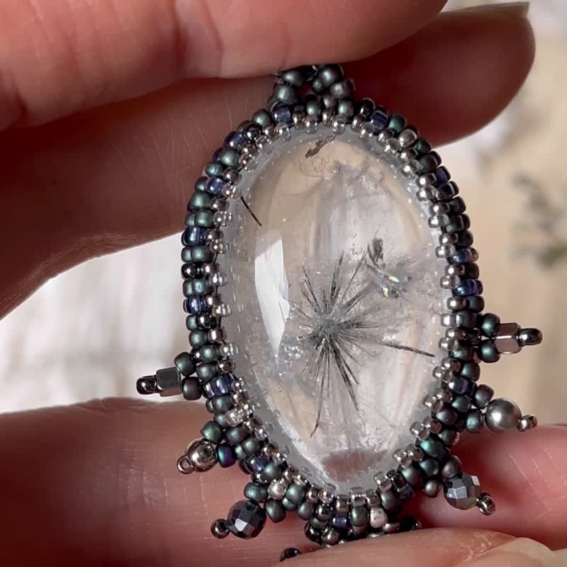 異像水晶 海膽髮晶 藍磷灰 中性幾何 串珠 鈦鋼 吊墜頸鏈 - 項鍊 - 水晶 黑色