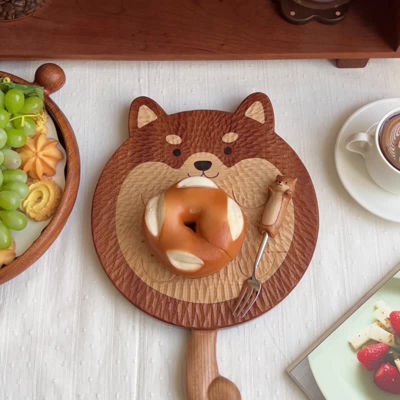 Meow stylish puppy Shiba Inu breadboard wooden tray dinner plate 8-inch pizza steak plate high value cute insulation pad - Plates & Trays - Wood Brown