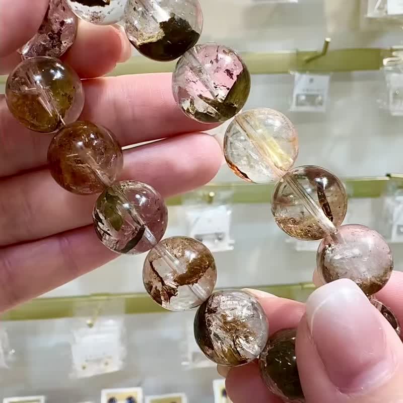 精品天然紅泥骸骨閃靈水晶15mm66g好運穩定情緒淨化洞察力 - 手鍊/手環 - 水晶 紅色