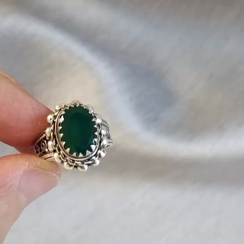 天然 切面 綠瑪瑙 戒指 尼泊爾 手工製 925純銀 - 戒指 - 玉石 綠色