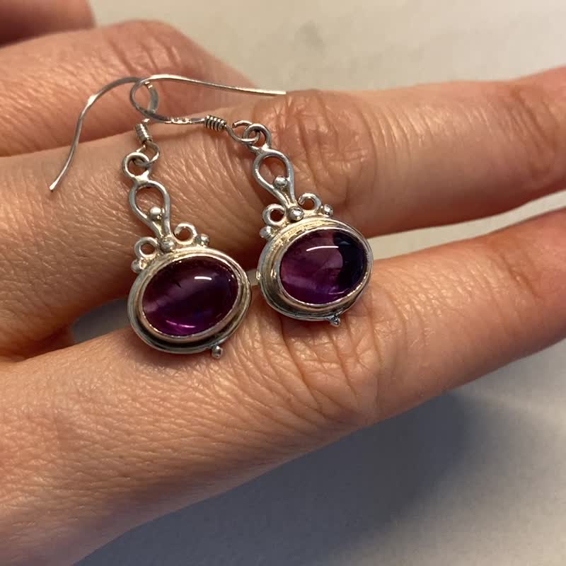 天然 紫水晶 耳環 耳飾 可改夾式 尼泊爾 手工製 925純銀 - 耳環/耳夾 - 水晶 紫色