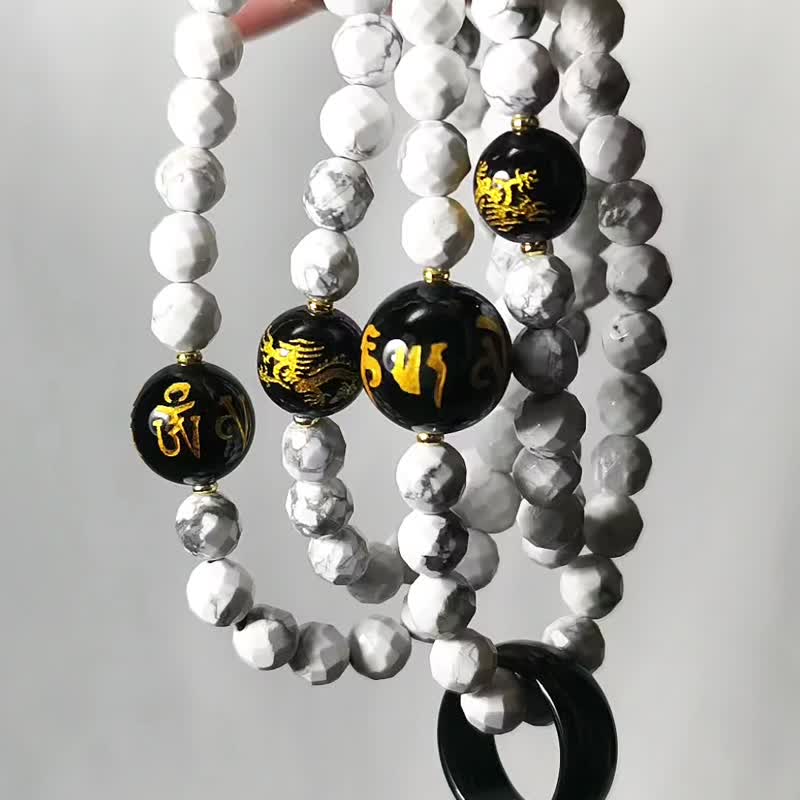 白松石 瑪瑙 黑曜 龍 六字真言 黑白108手串念珠 7.5mm 單品 禮物 - 手鍊/手環 - 寶石 藍色