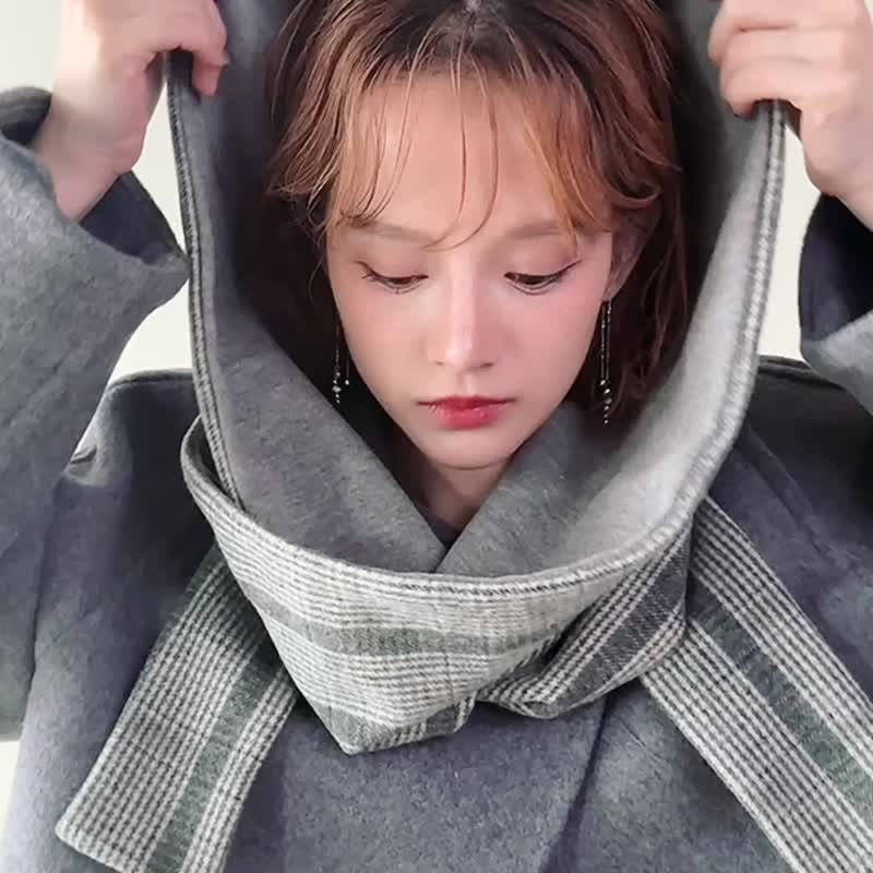 Mist 系列 - 鐵暮 * 綠格混織毛料 圍巾 連帽圍巾 - 圍巾/披肩 - 其他人造纖維 灰色